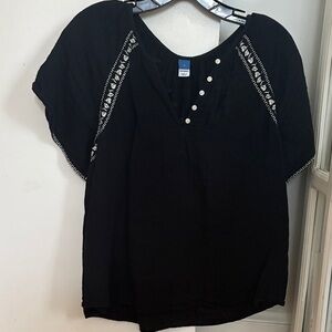 Old Navy Black Boho Top Blouse with White Embroidery Small Gauze